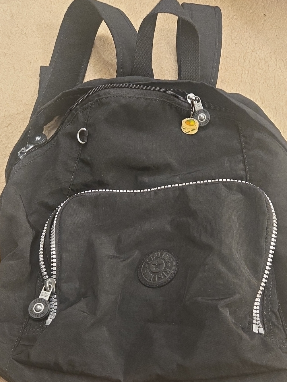 Kipling Black Nylon Backpack with Front Pocket and Silver Zippers